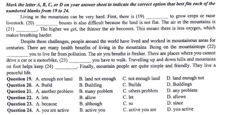 câu 19-24 đề minh họa tiếng anh vào 10